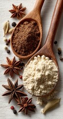 Wooden spoons with dark cocoa powder and light-colored spice blend, surrounded by star anise, peppercorns, and cardamom