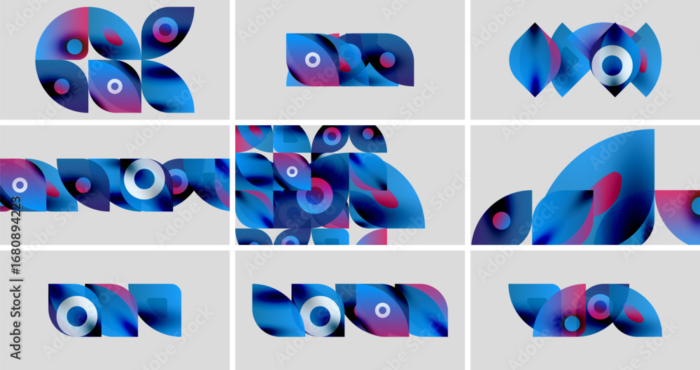 Poster abstract shapes, vibrant blues, purples. geometric forms create dynamic compositions. modern design 