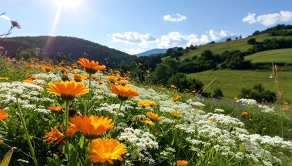 Fototapeta premium A vibrant meadow bursts with bright orange and white wildflowers, showcasing a picturesque landscape beneath a clear blue sky.