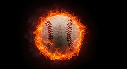 Baseball engulfed in vibrant flames against a stark black backdrop, perfect for sports branding, fiery promotions, and energetic designs that demand attention