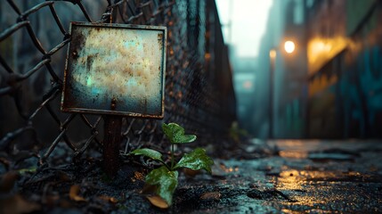A weathered sign and thriving plant in a moody, wet alleyway scene.