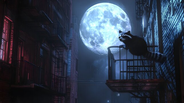 A raccoon surveys its city domain under the enchanting glow of a full moon. - Powered by Adobe