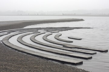 Concrete rings in water, curving into a semicircle. Misty landscape