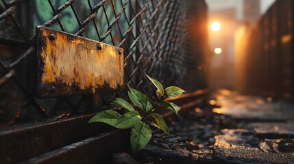 Weathered sign and resilient leaves grow through a rusty fence in an urban alley.