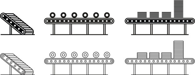 Conveyor belt flat, line icon set. Industrial production symbol, manufacturing factory automation equipment illustration, logistics machinery process vectors design isolated on transparent background.