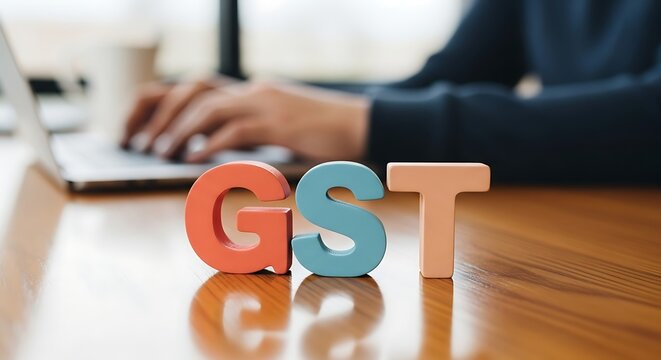 Person working on laptop with colorful gst letters signifying goods and services tax planning and business operations