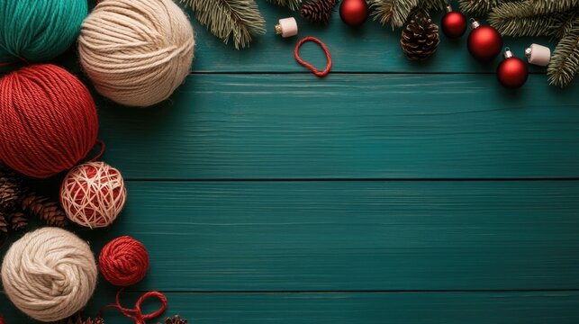 Cozy crafting scene with an arrangement of handmade items yarn needles and festive like pine cones and berries on a wooden surface  The image evokes a sense of creativity warmth