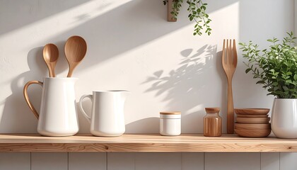 Obraz premium A light-filled kitchen shelf displays a collection of white ceramic pitchers, wooden utensils, and bowls, creating a tranquil and stylish kitchen scene.