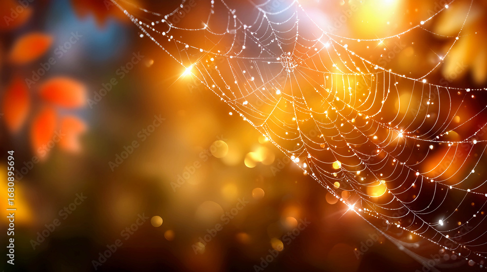Poster the web is dotted with small dewdrops that sparkle in the light. the background is a blurred, warm b