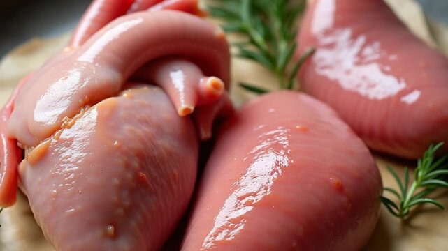 Chicken raw heart, red duck or turkey internal organs as an ingredient for preparation