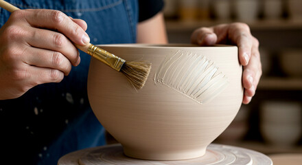 Painting Ceramic Bowl on Pottery Wheel with White Glaze in Studio