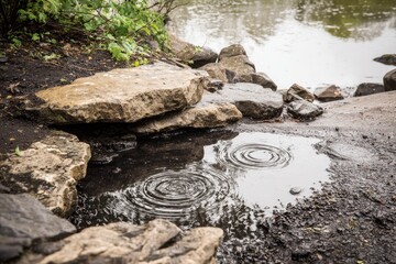 Rain ripples in a puddle beside rocks by a pond