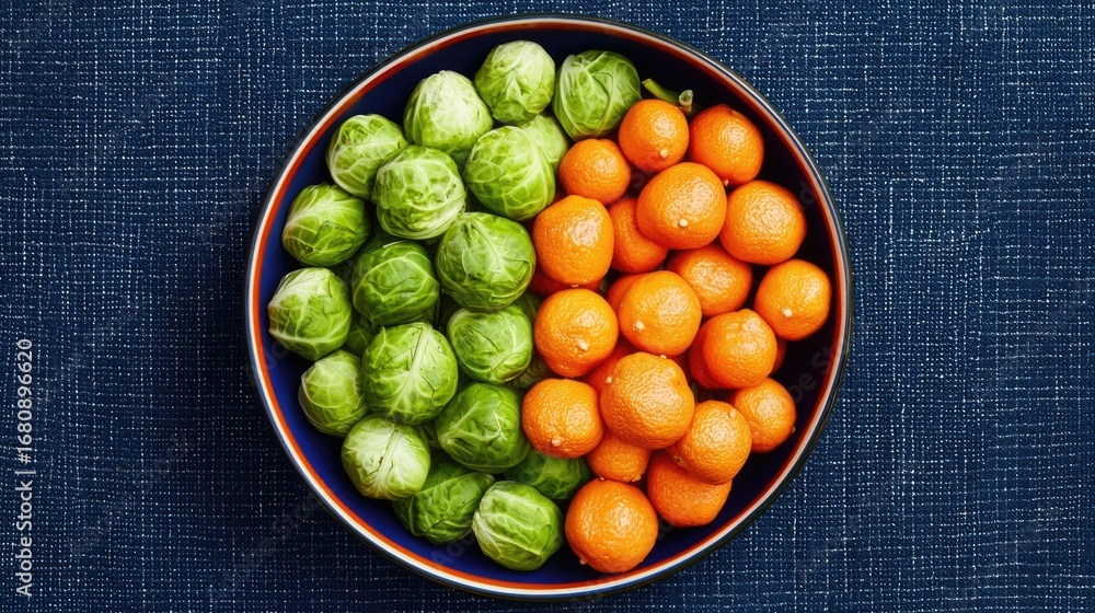 Aufkleber Vibrant array of fresh organic produce on display at a local farmers  market  Crates of ripe Brussels sprouts and tangerines in a rustic earthy setting