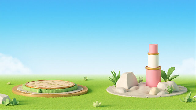 3D-rendered scene featuring stacked cylindrical objects on a grassy landscape with a clear sky