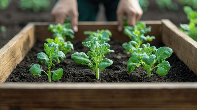A lush urban community garden with people tending to the soil and planting a variety of fresh vegetables showcasing an eco friendly and sustainable approach to local food production and cultivation
