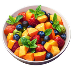 Fresh fruit salad with strawberries blueberries mango and kiwi in a white bowl garnished with mint leaves perfect for a healthy snack or dessert on transparent background