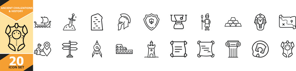 Ancient civilizations history icons set featuring hieroglyphs and artifacts vector