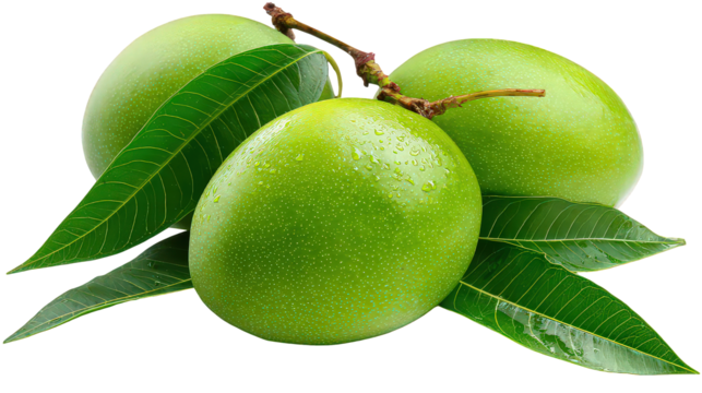 Three Green Mangoes with Leaves on Transparent Background