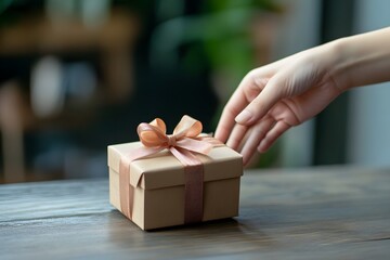 hand reaching toward a small gift box with ribbon, product focus, soft natural lighting
