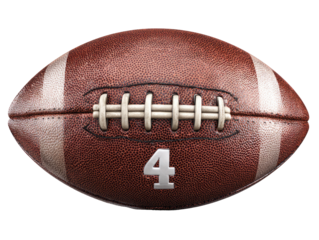 Close-up of a brown American football.  Stitched leather ball with a visible number 4