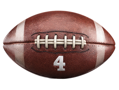 Close-up of a brown American football. Stitched leather ball with a visible number 4