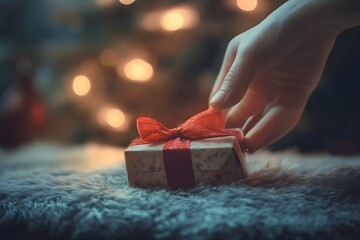 hand reaching toward a small gift box with ribbon, product focus, soft natural lighting
