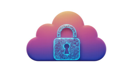 Secure cloud computing concept with a digital padlock icon on a gradient colored cloud. Data cybersecurity storage for online information