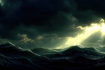 Dramatic seascape; stormy clouds, sunbeams piercing through