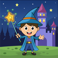 Cheerful little wizard boy holding a glowing staff