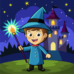 Cheerful little wizard boy holding a glowing staff