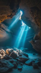 Obraz premium Spectacular light rays pierce through a cave opening creating a serene aquatic scene with submerged rocks and crystal clear water a captivating natural wonder