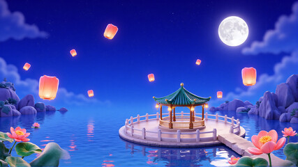 A serene night scene featuring a traditional pavilion on water, surrounded by floating lanterns and a full moon.
