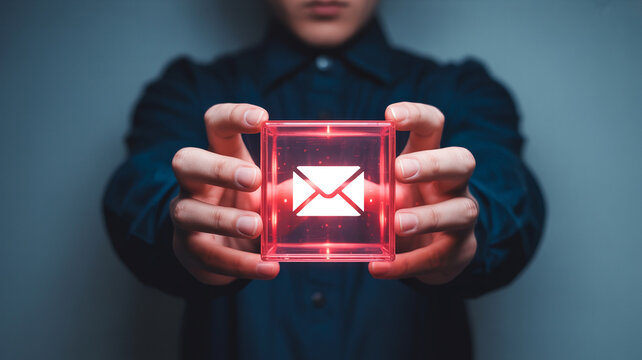 Email marketing strategy concept man holding glowing cube with email icon for digital communication 100