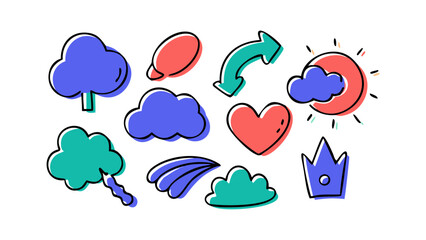 Cartoon doodle icons blue coral green vector