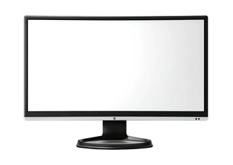 A flat-screen computer monitor with a blank white display.  The monitor has a dark gray/black bezel and a rounded base