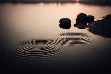 Calm ripples on still water, with stones on shore at sunrise