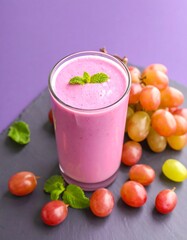 Pink smoothie with grapes on slate