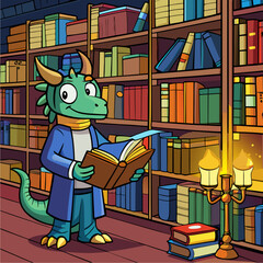 Friendly dragon librarian organizing glowing magical books