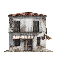 Front facade of a weathered, two-story building with a terracotta roof and aged stucco walls.  A balcony and awnings complete the architectural style