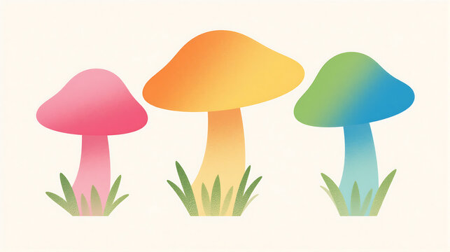 Three colorful mushrooms with pink, orange, and green caps growing in grass - Powered by Adobe