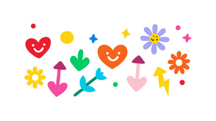 Cheerful hearts flowers and arrows smiley faces yellow