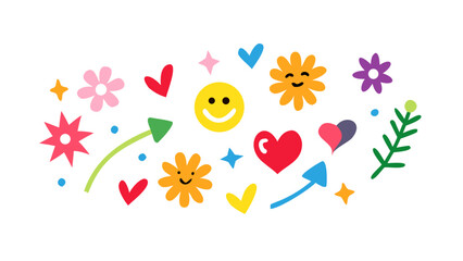 Cheerful Flowers Hearts Arrows and Smiley Faces vector