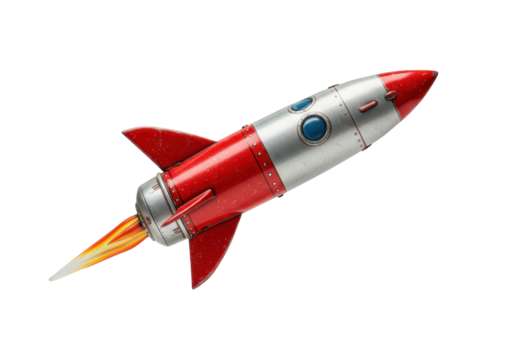 Isolated classic retro rocket, vintage spacecraft model, flying spaceship, nostalgia symbol