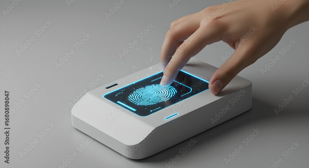 Poster person using a biometric fingerprint scanner for security and authentication. concept of modern data