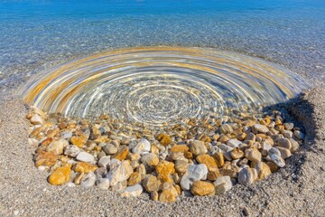 Circular water ripples on a beach with colorful stones