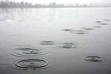 Rippled water surface with rain circles, misty shore