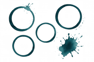 Set of watercolor teal circle frames and splatters isolated on transparent background, ideal for creative projects