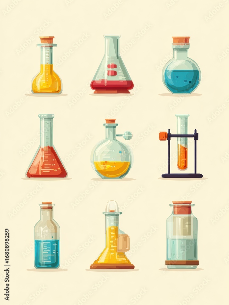 Poster collection of colorful laboratory glassware showcasing different sizes and shapes of beakers, flasks