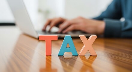 Person typing on laptop with colorful tax letters in foreground symbolizing financial planning and tax season
