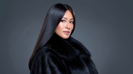 Fototapeta premium Asian woman with long, sleek hair, wearing a luxurious black fur coat, poses elegantly against a dark background, showcasing beauty and sophistication in fashion photography
